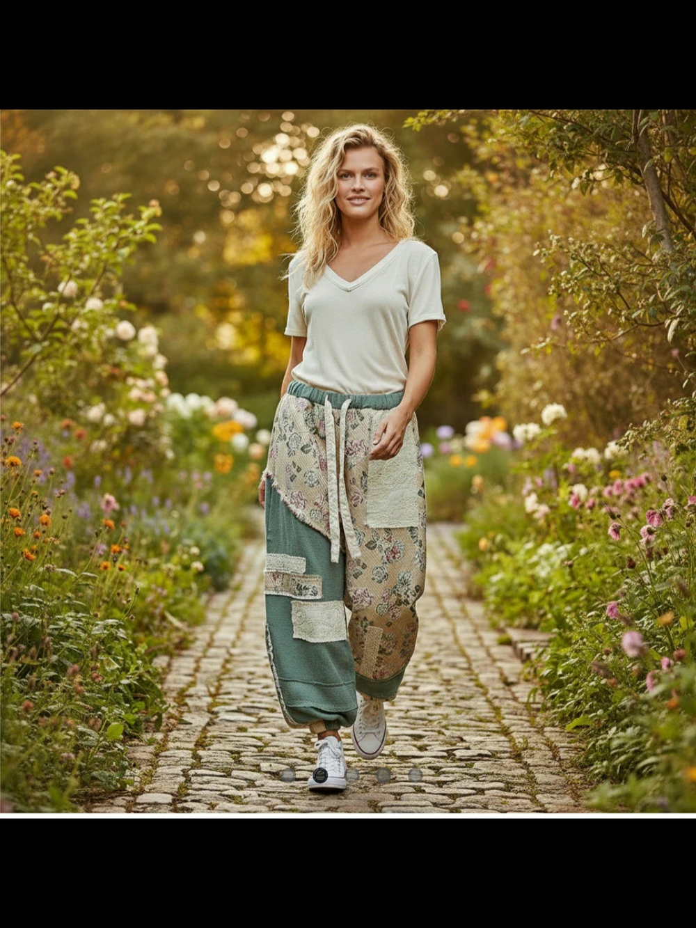 POL Patchwork Floral Track Joggers in Cream and Green